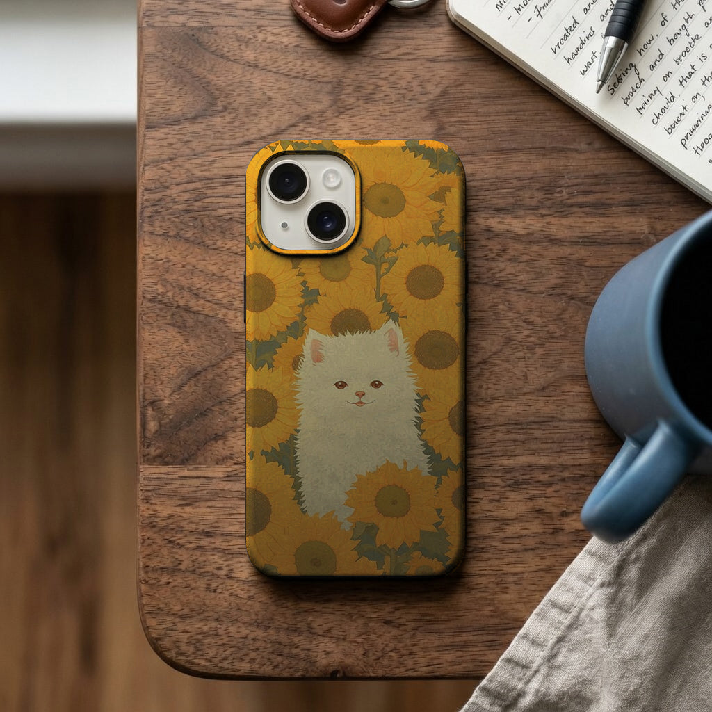 Ayçiçekleri Arasında Beyaz Kedi Telefon Kılıfı K474