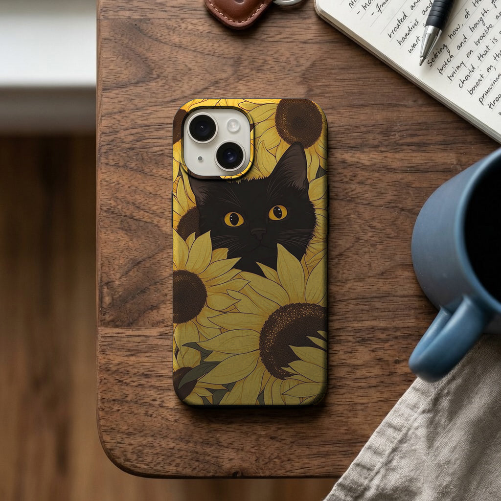 Ayçiçekleri Arasında Siyah Kedi Telefon Kılıfı K473