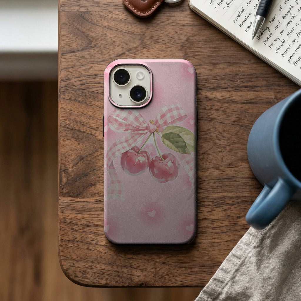 Pembe Kiraz ve Ekose Fiyonk Telefon Kılıfı K230