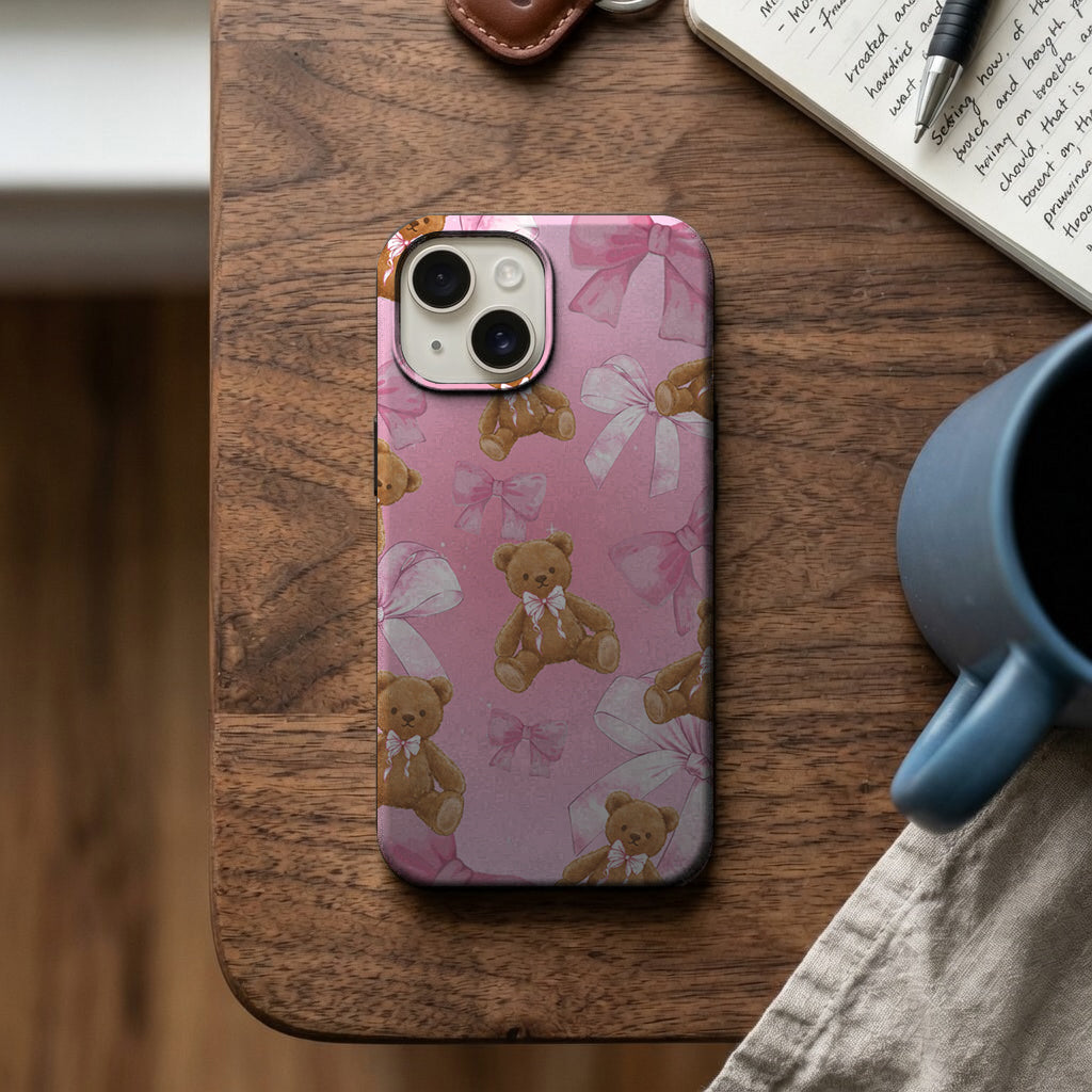Pembe Ayıcık ve Fiyonk Desenli Telefon Kılıfı K279