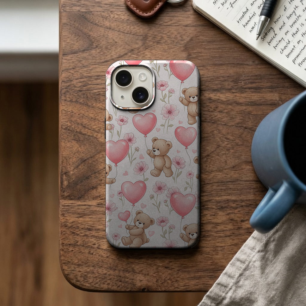 Pembe Kalp Balonlu Ayıcık Desenli Telefon Kılıfı K289