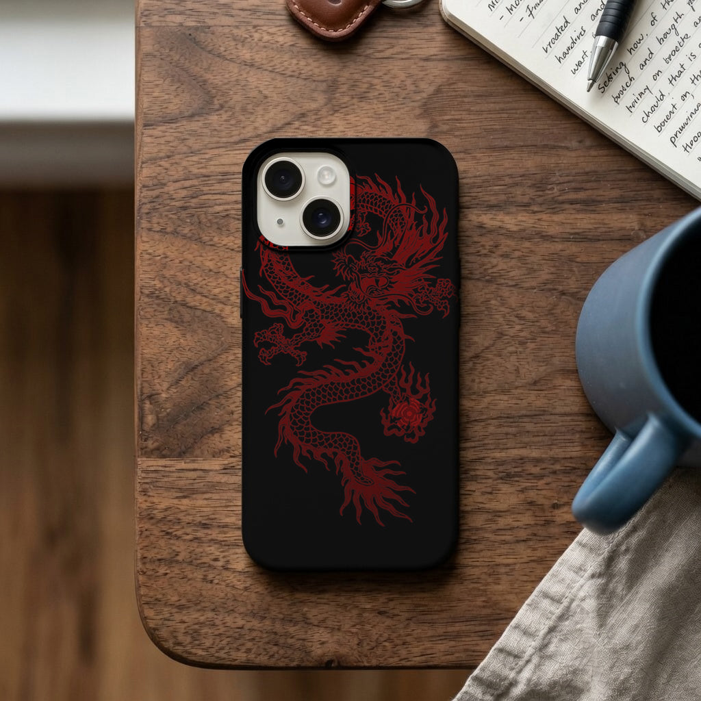 Kırmızı Ejderha Desenli Siyah Telefon Kılıfı K647