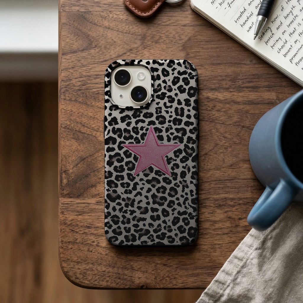 Leopar Zeminde Pembe Yıldız Telefon Kılıfı K459