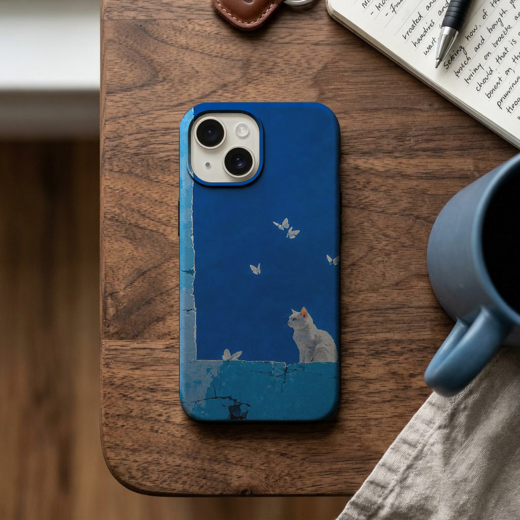 Mavi Pencerede Beyaz Kedi Telefon Kılıfı K594