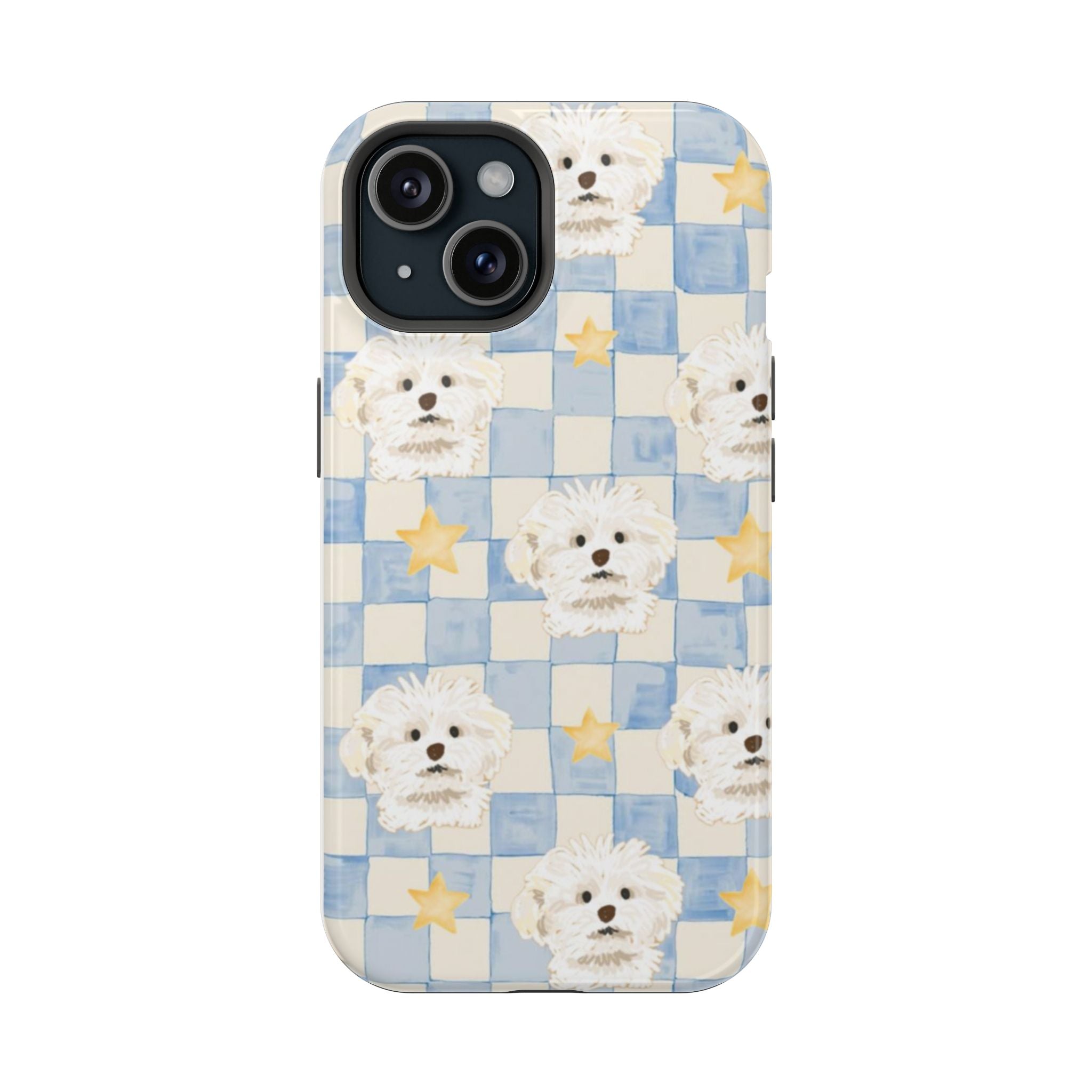 Mavi Kareli Yıldızlı Beyaz Köpek Telefon Kılıfı K098