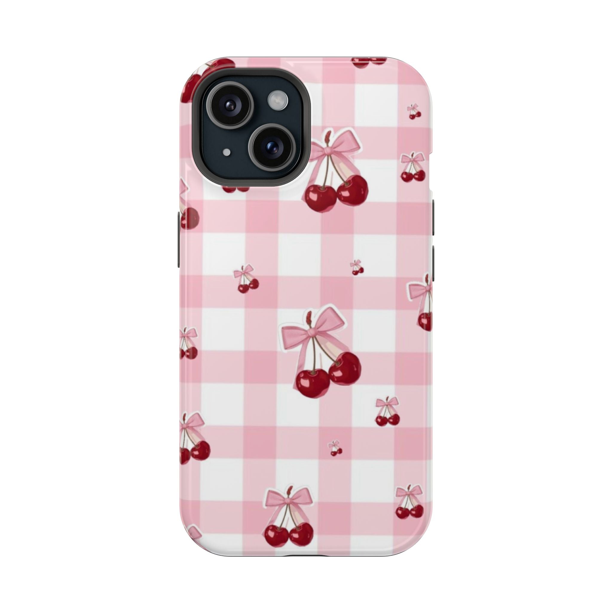 Pembe Ekoseli Fiyonklu Kiraz Deseni Telefon Kılıfı K191